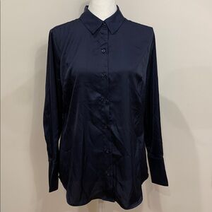 Banana Republic long sleeve satin navy blue button down blouse